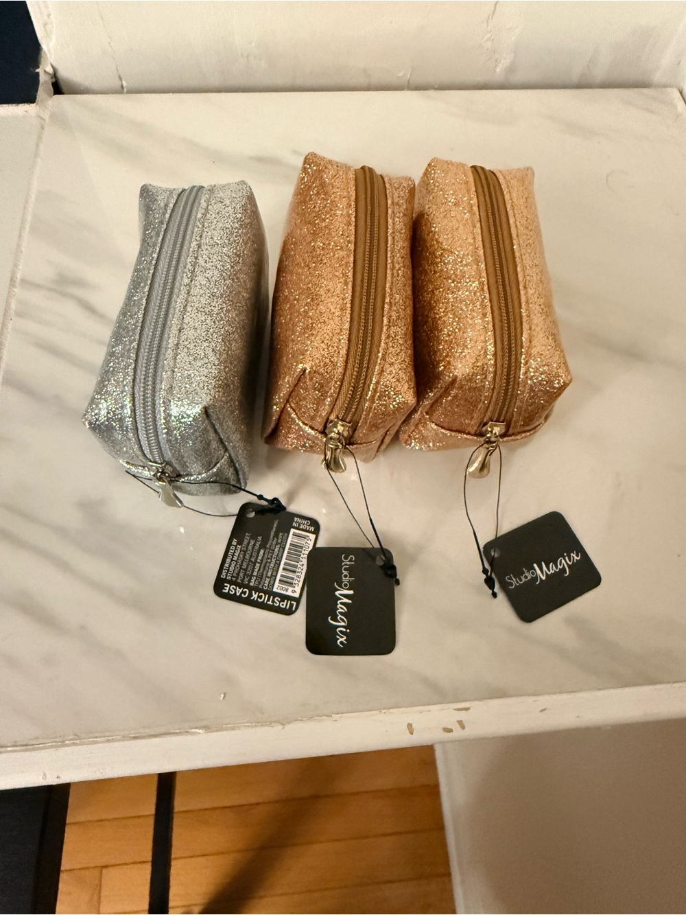 Lipstick Boutique Glitter Cosmetic Pouch Trio - Rose Gold and Silver